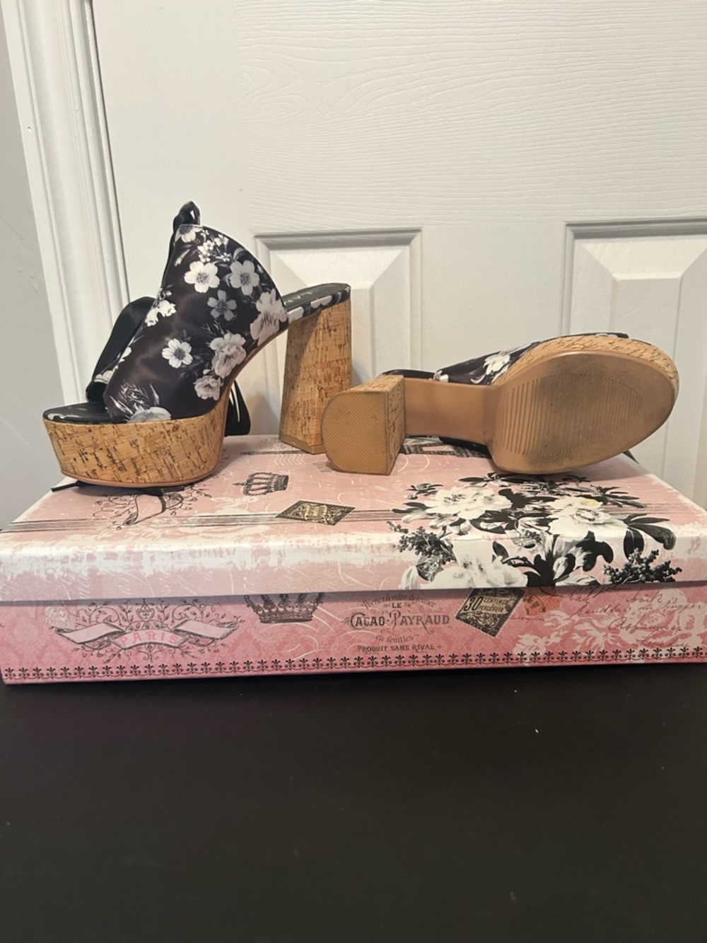 Black Floral Satin Cork Platform Peep-Toe Wedges with Ribbon Tie - Picture 3 of 5